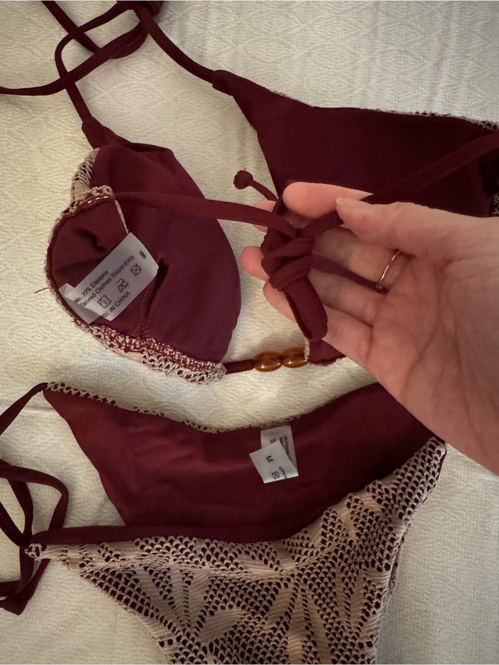 Brown Patterned Triangle String Bikini Top & Bottom Set - Women Swim - Picture 3 of 4